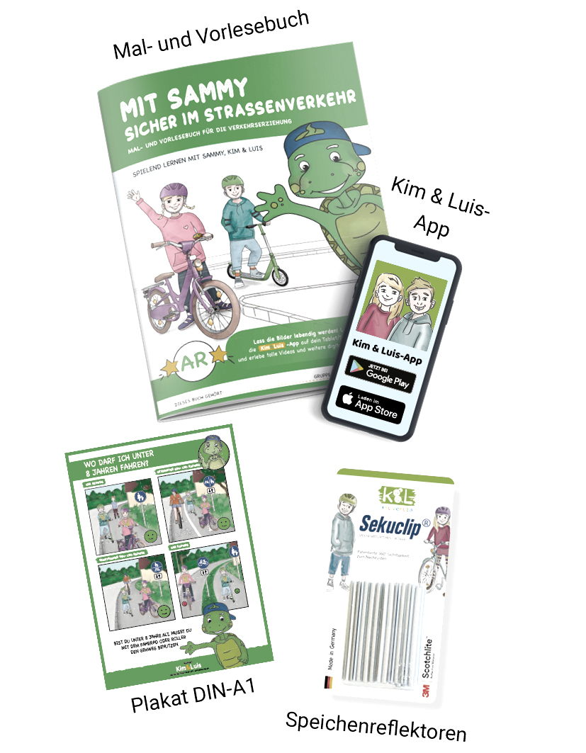 K+L Verlag – Mal- und Vorlesebuch, Plakate und Speichenreflektoren für sichere Kinder im Straßenverkehr